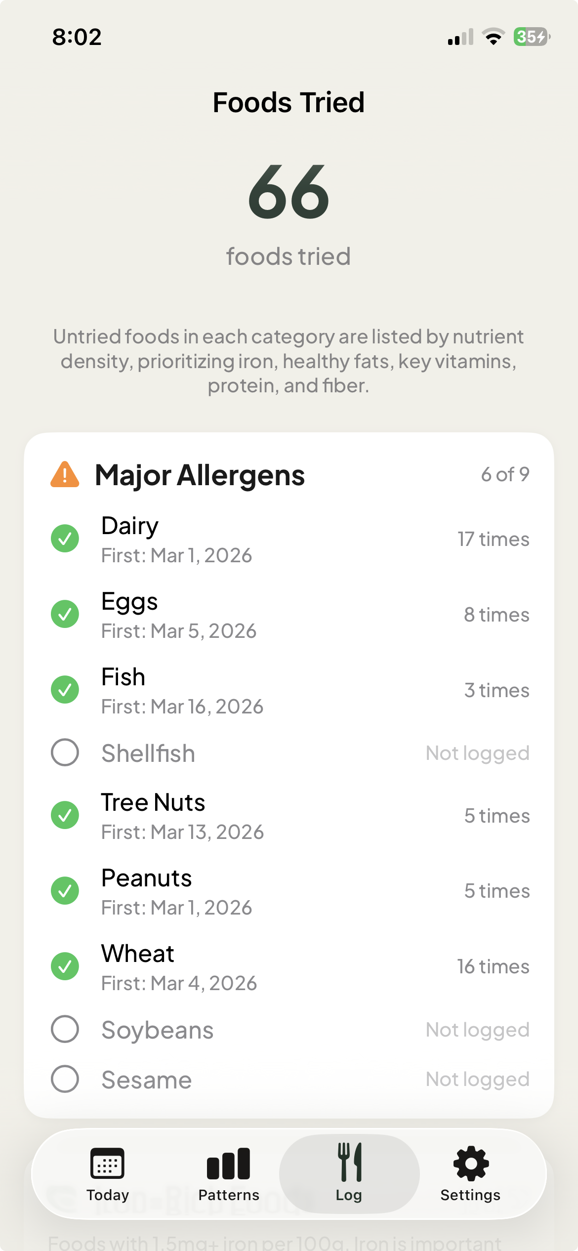 Foods Tried log showing allergen tracking and food categories